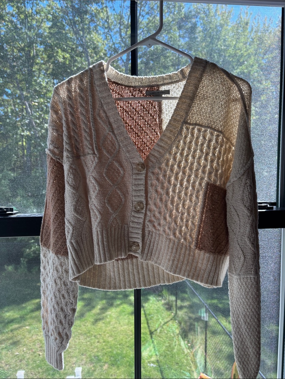 American Eagle Cropped Cable-Knit Cardigan Sweater